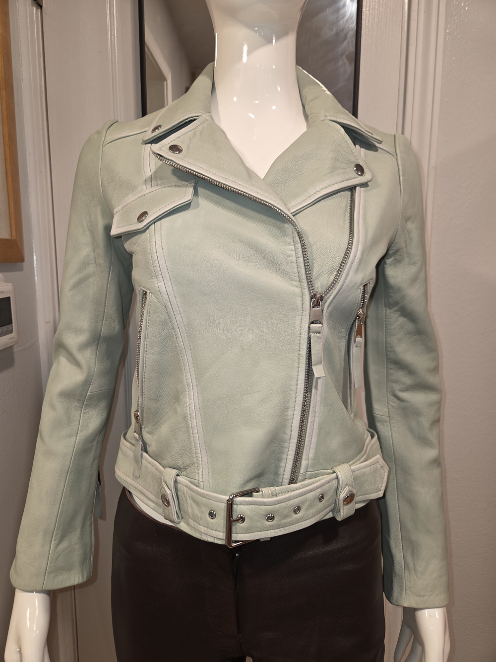 Barneys New York Mint Green Leather Moto Jacket